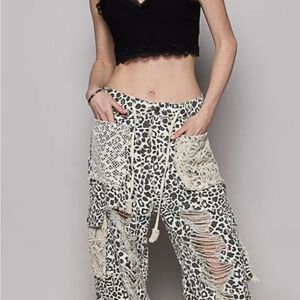 POL Leopard Print Distressed Wide Leg Pants with Crochet Accents